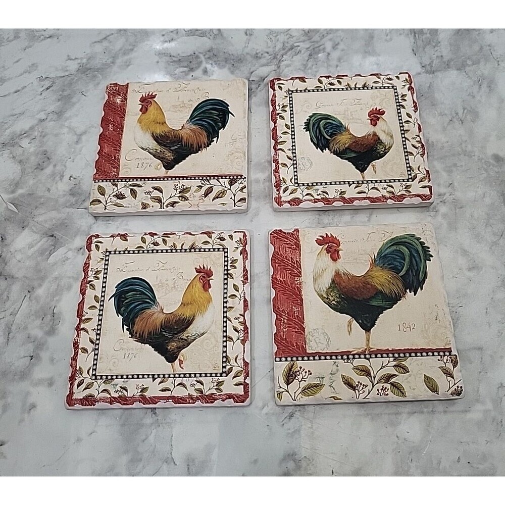 Rooster Chicken Metal Decor & Drink Coasters  Stoneware Country Farmhouse 3.75 - Picture 2 of 6